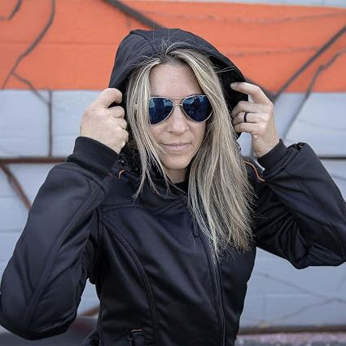 MPL2764 Women's Black Soft Shell Armored Motorcycle Racing Style Jacket Hoodie