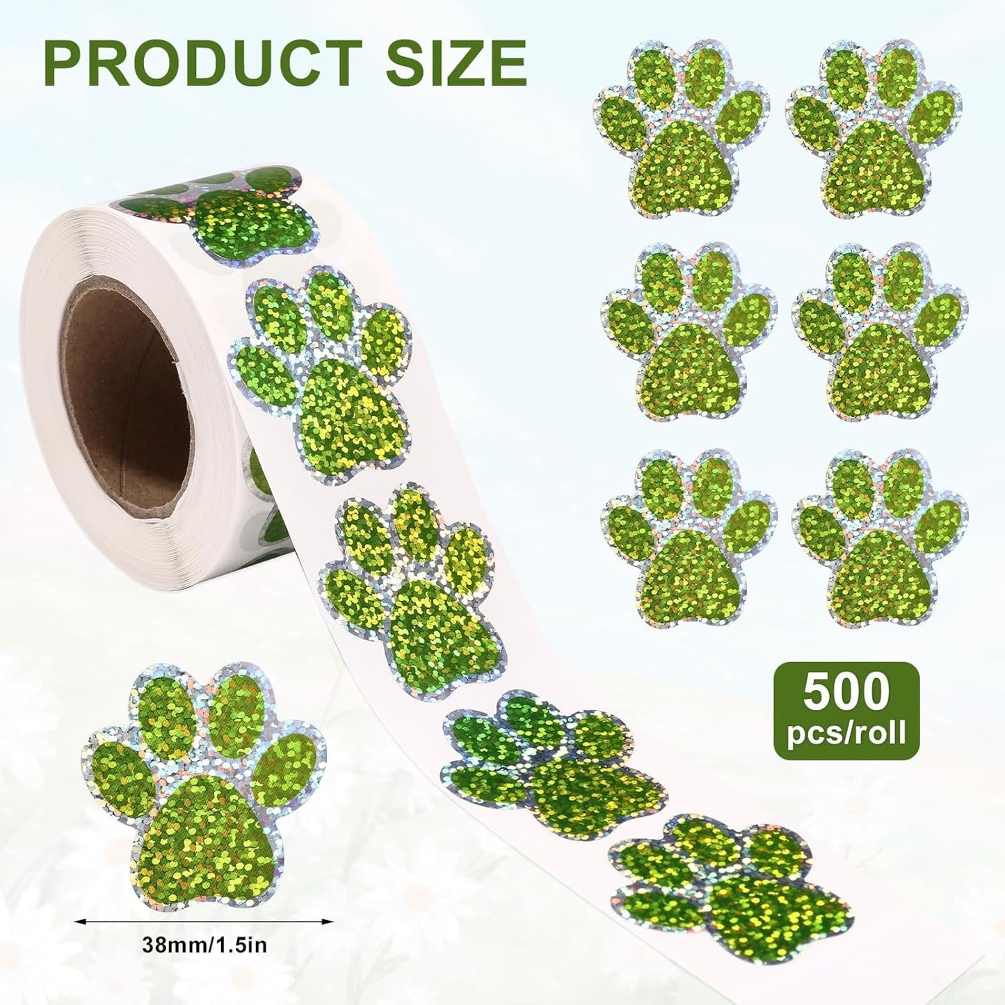 500pcs Dog Paw Print Stickers 1.5in/38mm Holographic Dot Self-Adhesive Puppy Paw