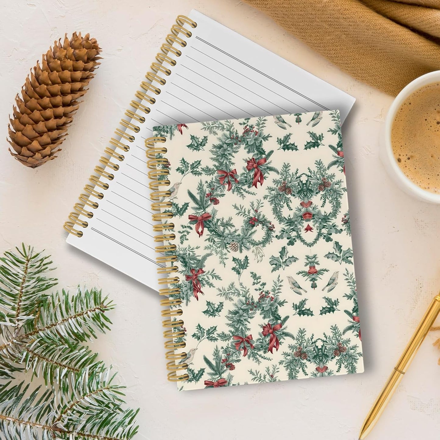 Merry Christmas Wreath Journal Notebook - Vintage Christmas Flower  5.5"x8.3"