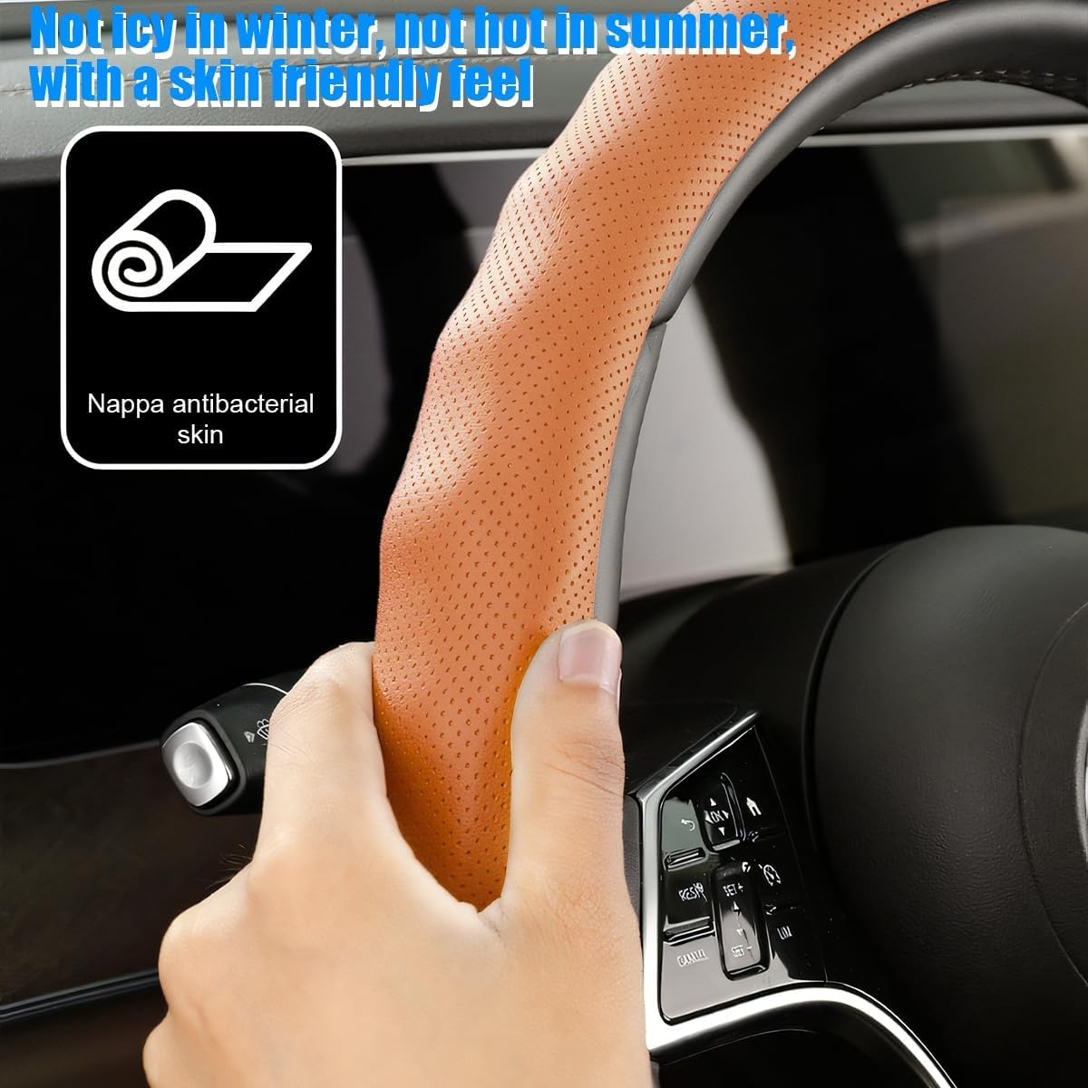 Car Steering Wheel Cover 15 inch Nappa Leather Anti-Slip & Ultra-Thin 5D Vehicle