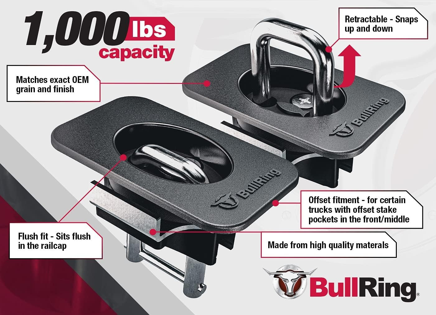 Offset Flush Fit Retractable Truck Bed Tie Downs for '15-'25 Ford F150, '17-'25
