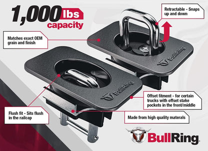 Offset Flush Fit Retractable Truck Bed Tie Downs for '15-'25 Ford F150, '17-'25
