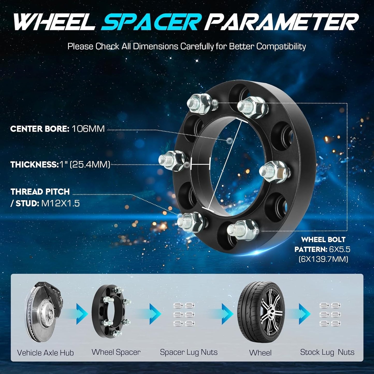 6x5.5 1" (25.4mm) Hubcentric Wheel Spacers 6 Lugs with 1996-2022 Toyota 4Runner,