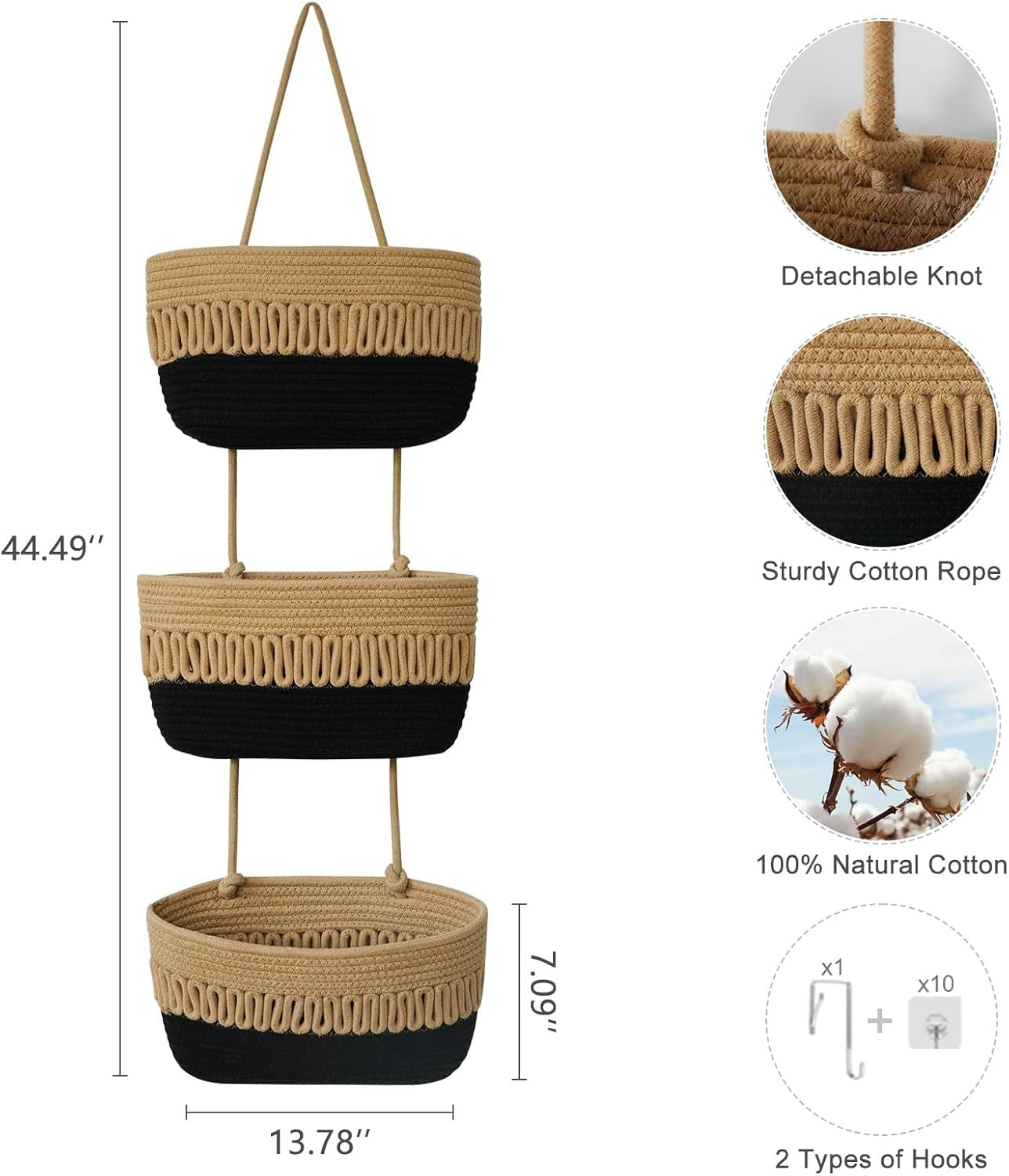 Over the Door Hanging Baskets for Organizing, 3-Tier Hanging Wall Basket Storage