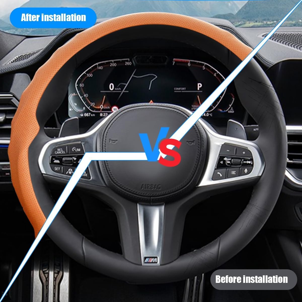 Car Steering Wheel Cover 15 inch Nappa Leather Anti-Slip & Ultra-Thin 5D Vehicle