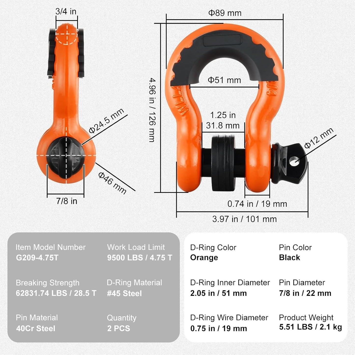 3/4" D Ring Shackle, Orange Shackles for Truck with 7/8” Screw Pin 62832 lbs