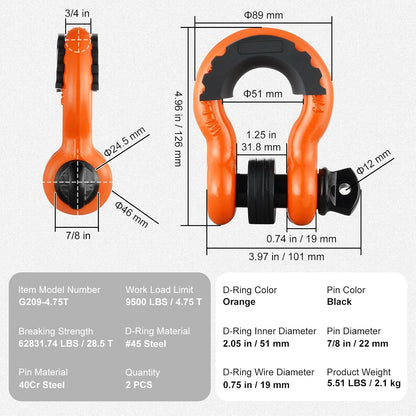 3/4" D Ring Shackle, Orange Shackles for Truck with 7/8” Screw Pin 62832 lbs