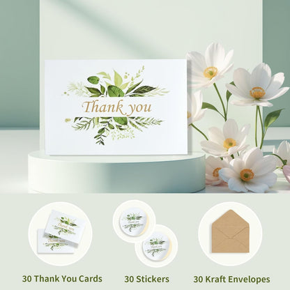 30-Pack Floral Thank You Cards, Includes Envelopes & Stickers for Multiple