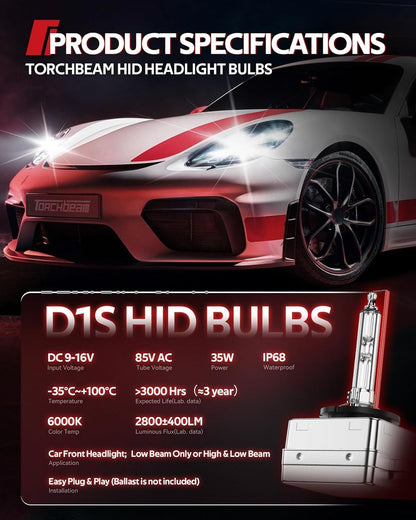 D1S HID Bulbs 6000K Cool White 300% Lighting Distance Xenon Bulb IP67 Pack of 2