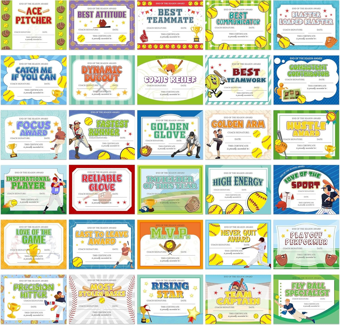 94Pcs Student of Award Certificates End of School Random style shipping Softball