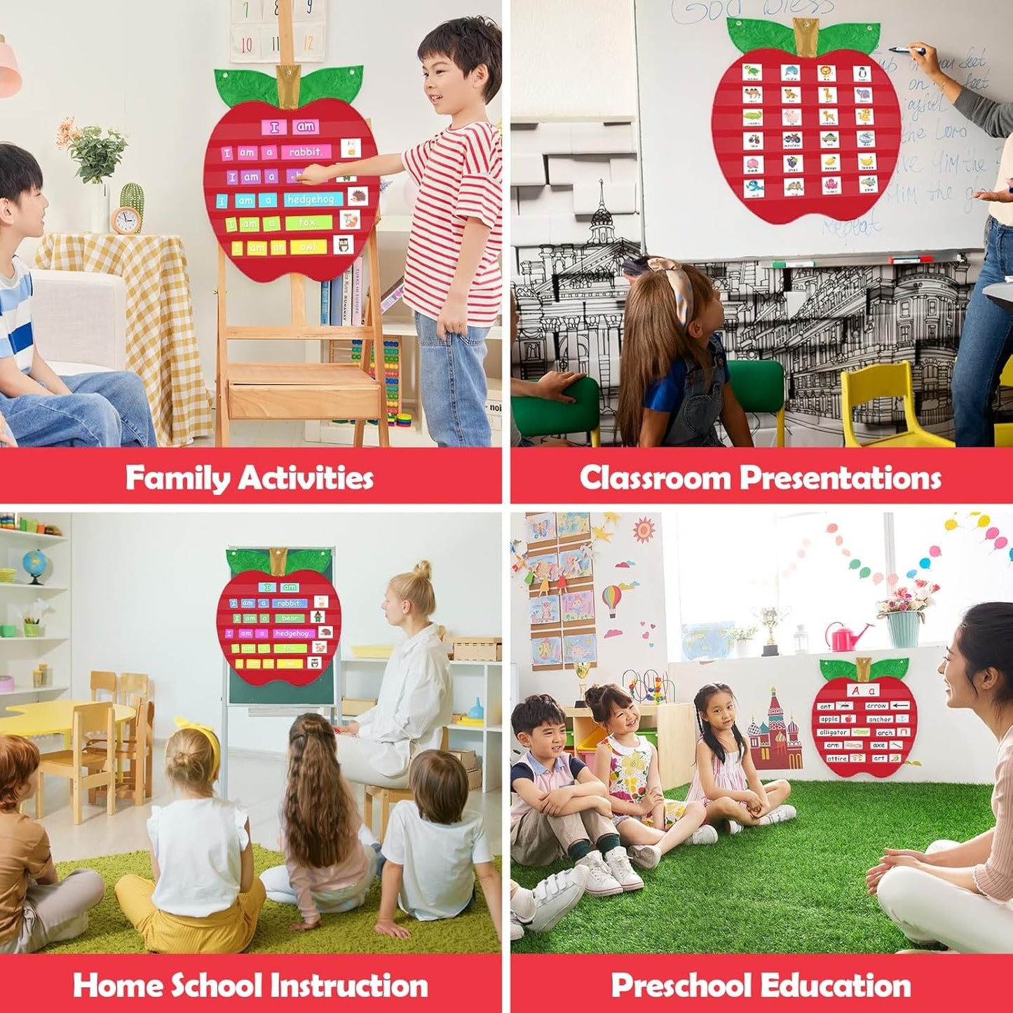 Pocket Chart with 6 Pockets, Red, Wall Organization for Daily Schedule, Class