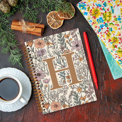 Vintage Boho Floral Personalized Notebook, Initial Letter H Notebook 5.5x8.3