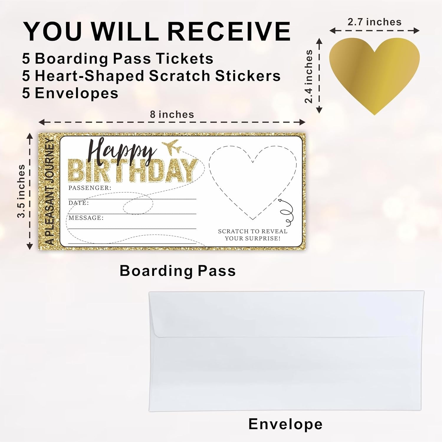 3.5" X 8" Boarding Pass Gift Ticket, Happy Birthday Surprise Reveal Cards