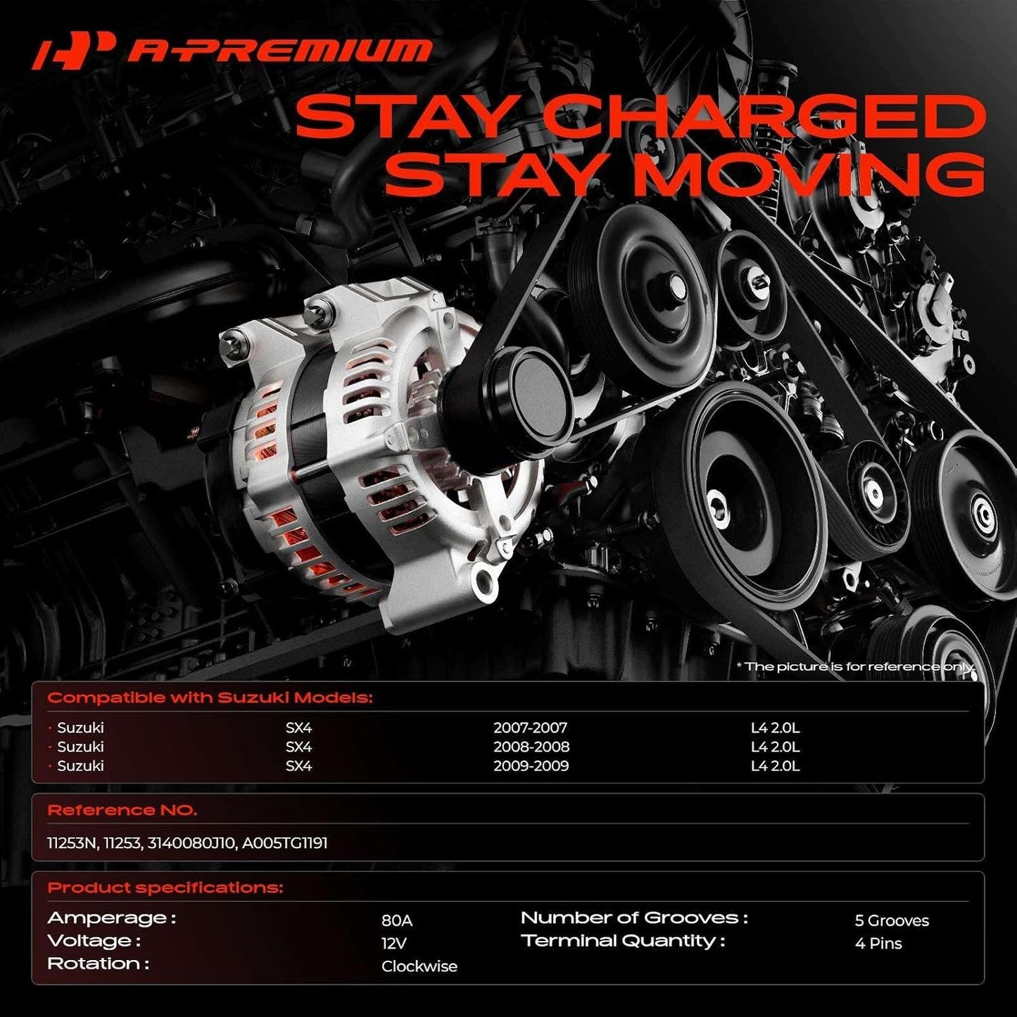 Alternator with Suzuki SX4 2007-2009 2.0L 12V 80A 5-Groove Pulley Clockwise