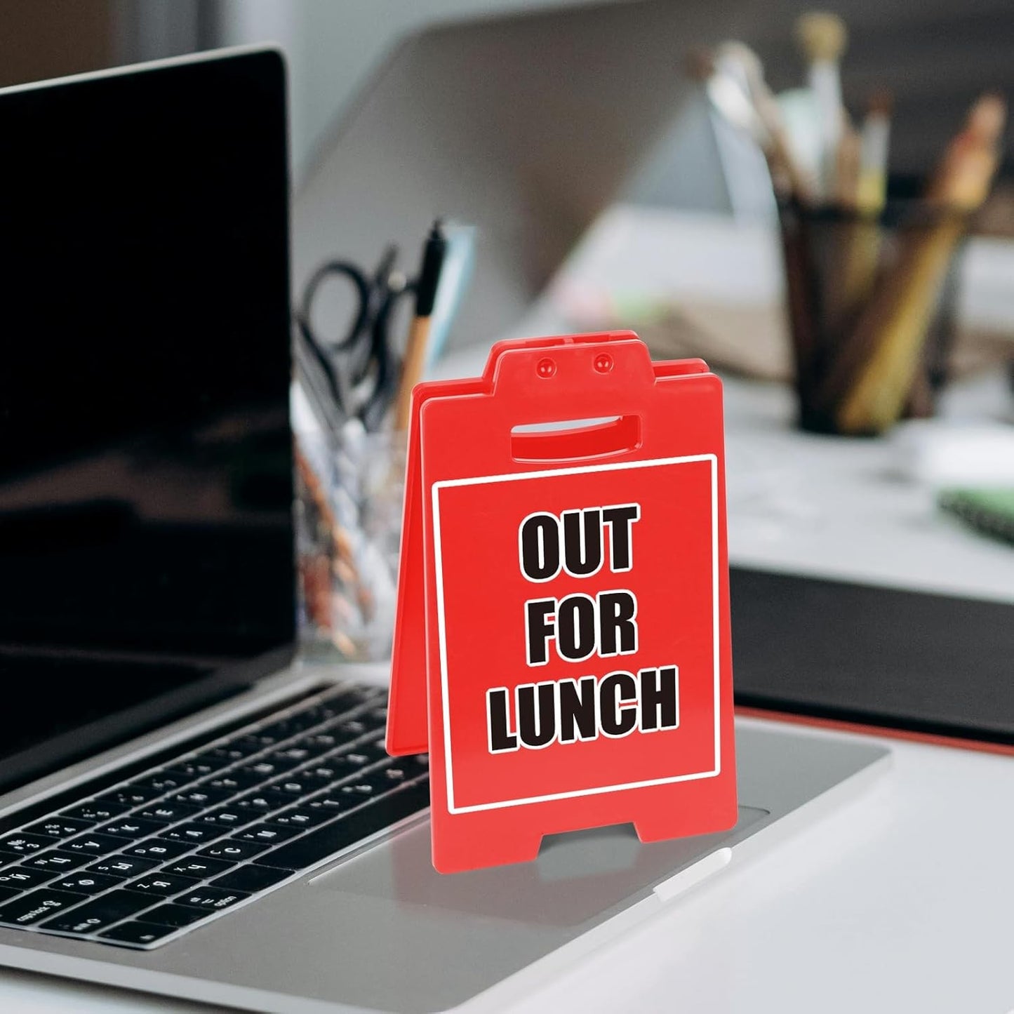 OUT FOR LUNCH Red Sign, Office Desk Accessory & Cubicle Decor, Modern Work Theme