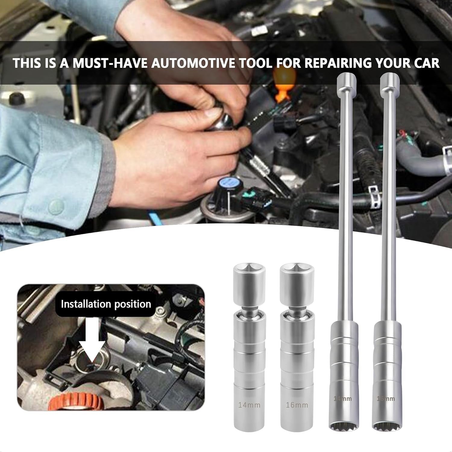 14mm+16mm Extend Spark Plug Socket,Thin Wall 12 Points 3/8" Drive Spark Plug