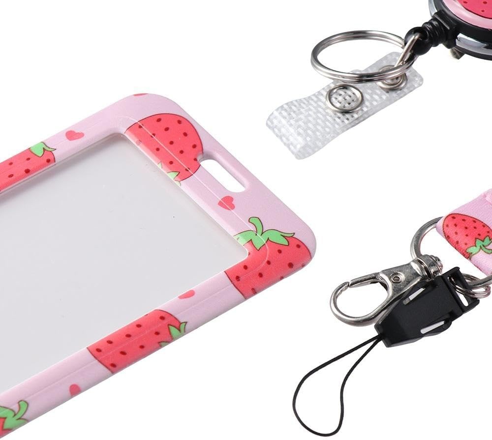 Pink Strawberry ID Badge Holder with Lanyard and Retractable Badge Reel Clip