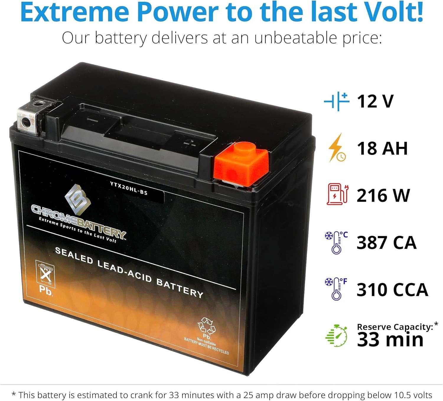 YTX20HL-BS 12 V 310 CCA AGM Maintenance-Free 19 Ah Battery for ATV UTV