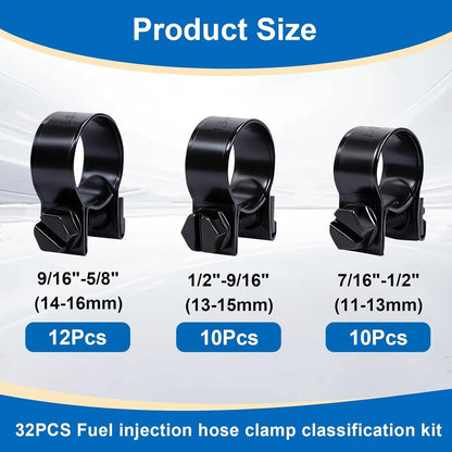 32Pcs 1/4" 5/16" 3/8" Fuel Injection Gas Line Hose Clamps Black Clip Pipe