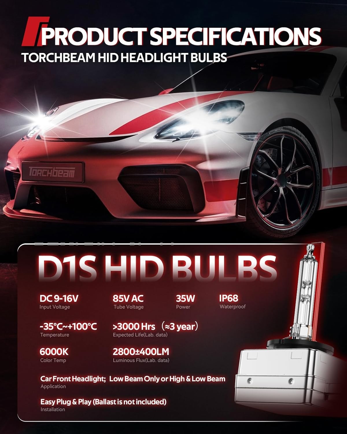 D1S HID Bulbs 6000K Cool White 300% Lighting Distance Xenon Bulb IP67 Pack of 2