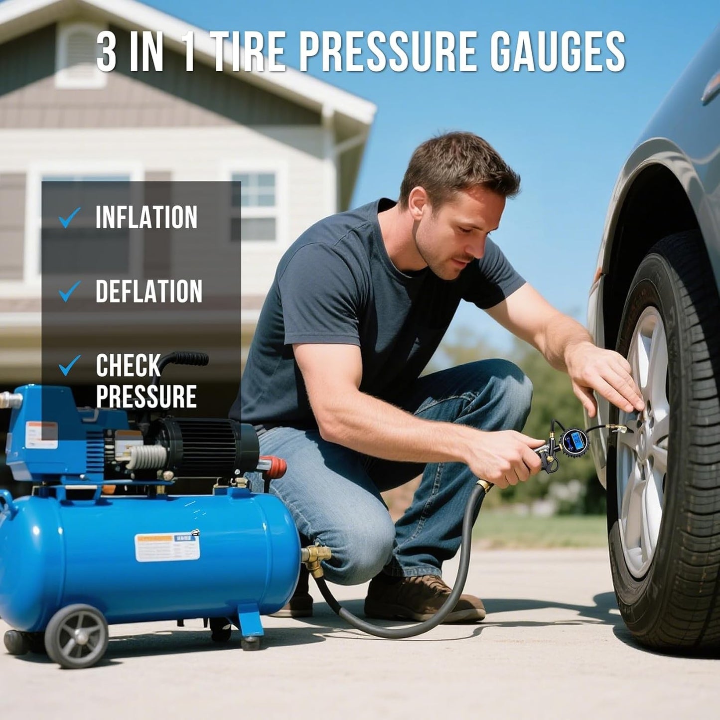 Digital Tire Pressure Gauge with Inflator, 3-250 PSI Air Compressor Accessories