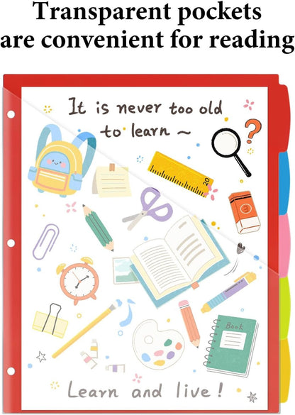 2 Sets 5-Tab Dividers with Front Clear Pocket, Plastic 3 Ring Binder Dividers