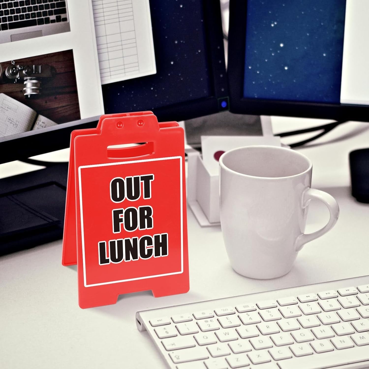 OUT FOR LUNCH Red Sign, Office Desk Accessory & Cubicle Decor, Modern Work Theme