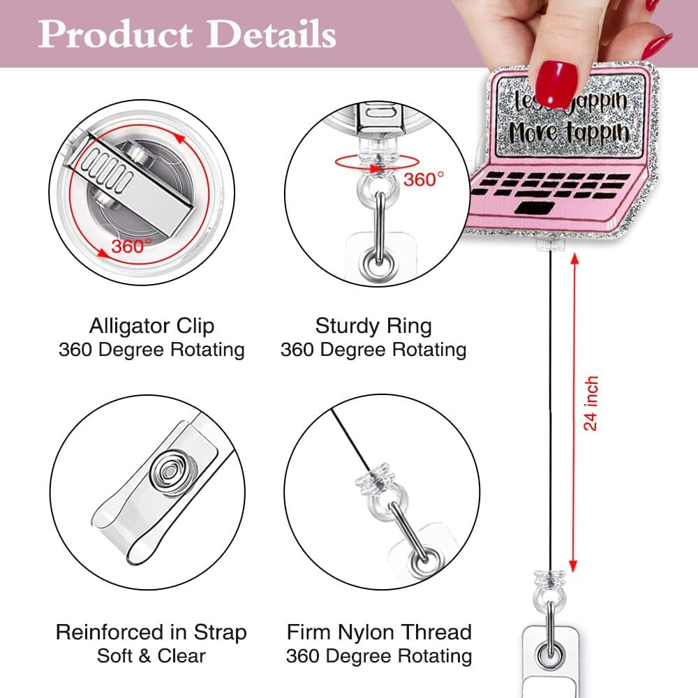 Less Yappin More Tappin Funny Pink Laptop Badge Reel with Silver Glitter