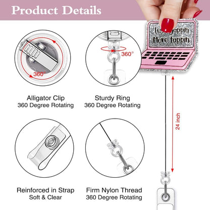 Less Yappin More Tappin Funny Pink Laptop Badge Reel with Silver Glitter