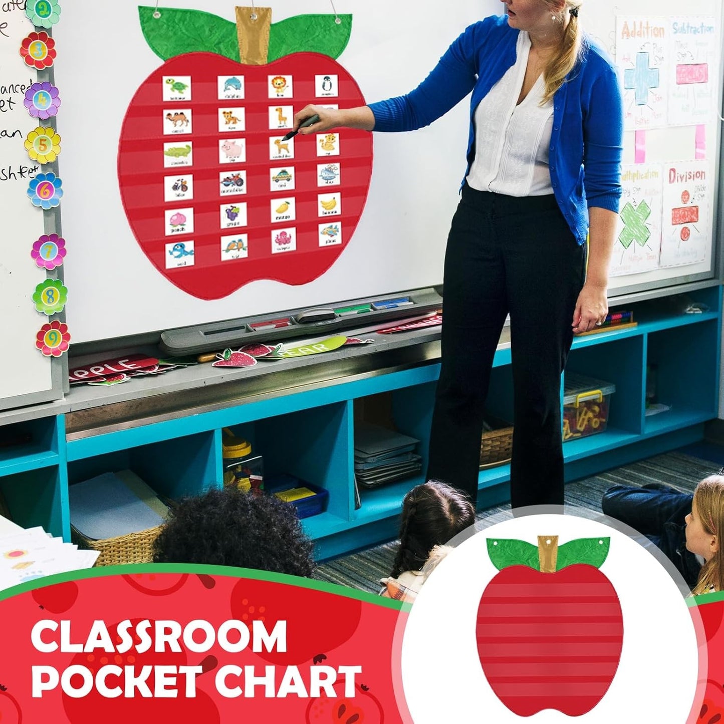 Pocket Chart with 6 Pockets, Red, Wall Organization for Daily Schedule, Class