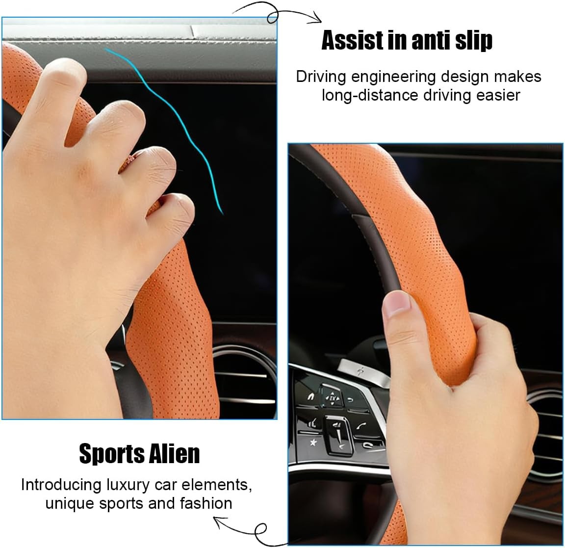 Car Steering Wheel Cover 15 inch Nappa Leather Anti-Slip & Ultra-Thin 5D Vehicle