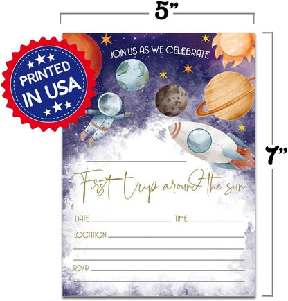 Space First Trip Around the Sun Birthday Invitation for Baby Boy 20 PCS