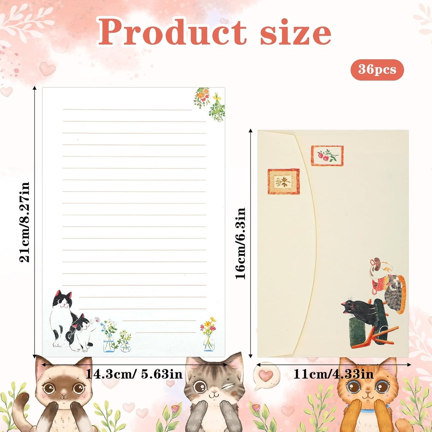 Writing Paper and Envelopes Set, 36pcs Vintage Fresh Cute Cat Letter Stationery