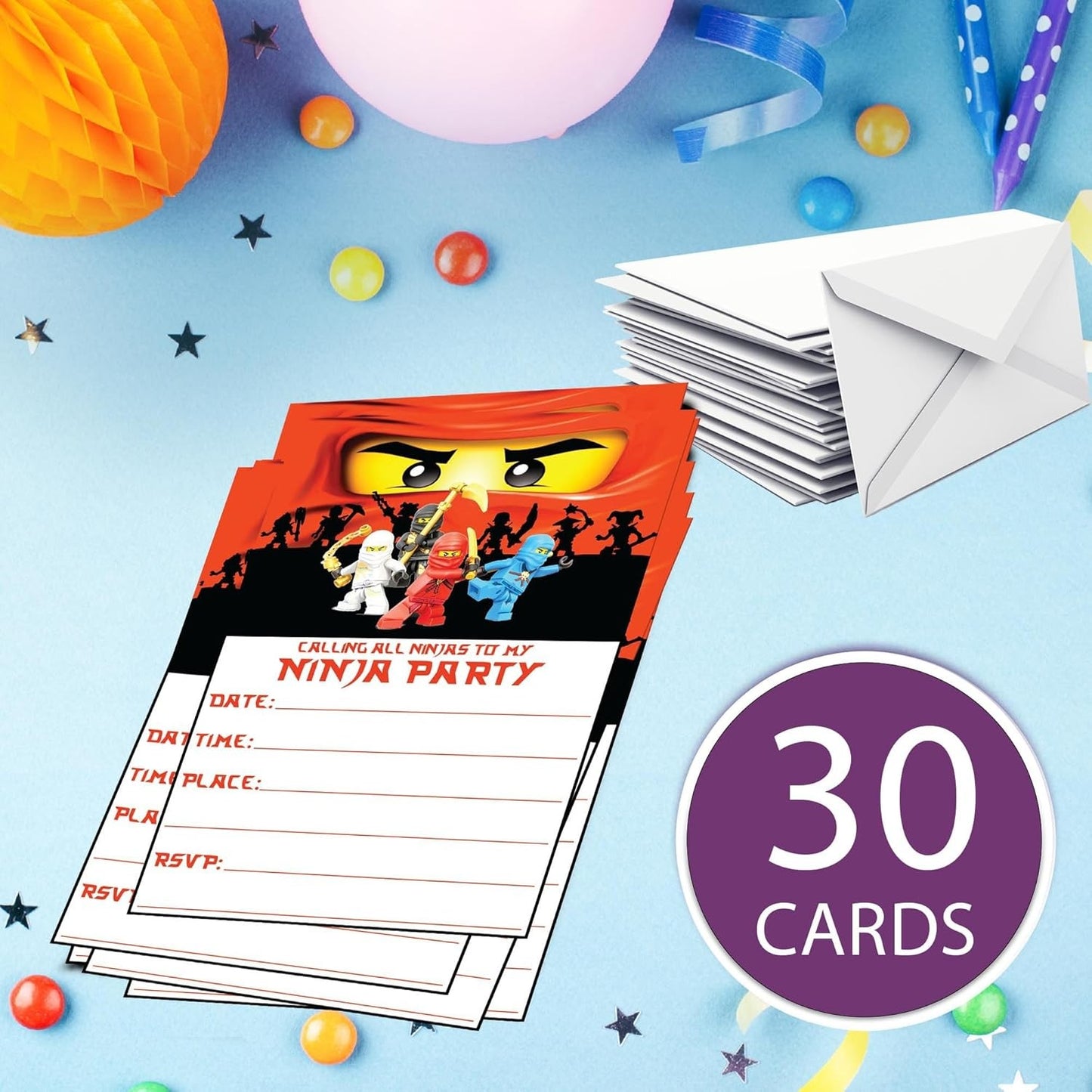 Set of 30 Ninja -Themed Happy Birthday Invitation Cards – Lightweight (230g)