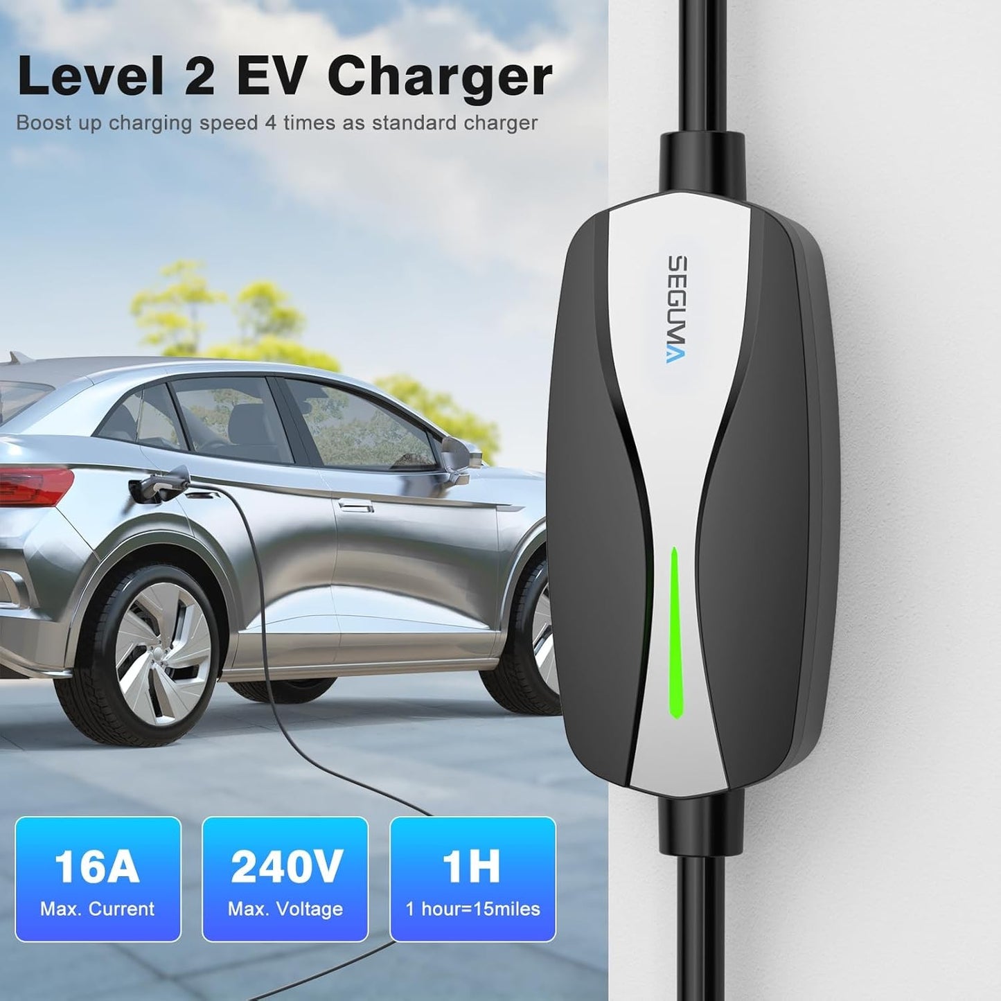 Level 1/2 EV Charger, 16Amp Electric Car Charger 25FT Cable with NEMA 6-20 Plug