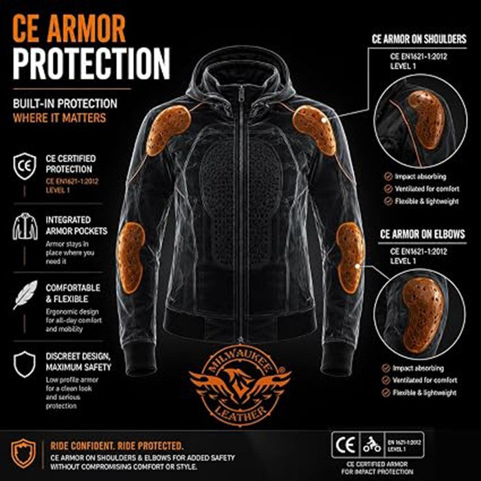 MPL2764 Women's Black Soft Shell Armored Motorcycle Racing Style Jacket Hoodie