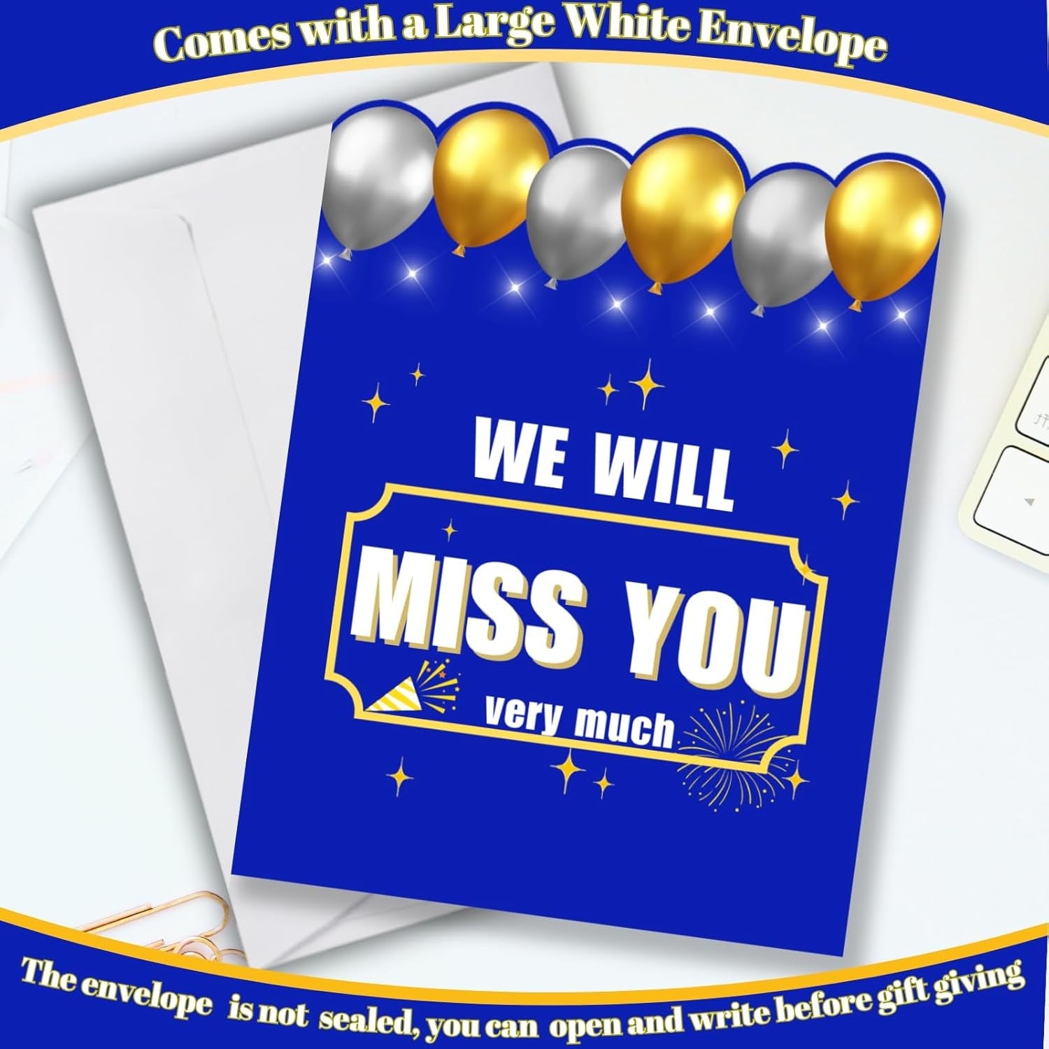Large We Will Miss You Card with Envelope, Farewell Card for Coworkers, Blue