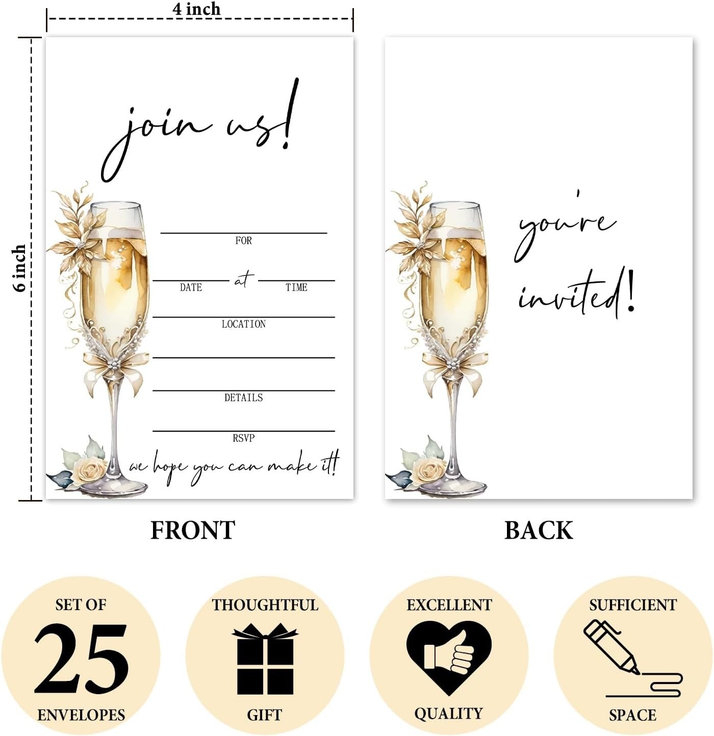 25 Pcs Join Us Wedding Invites, Champagne Pattern Invitaciones Para Boda
