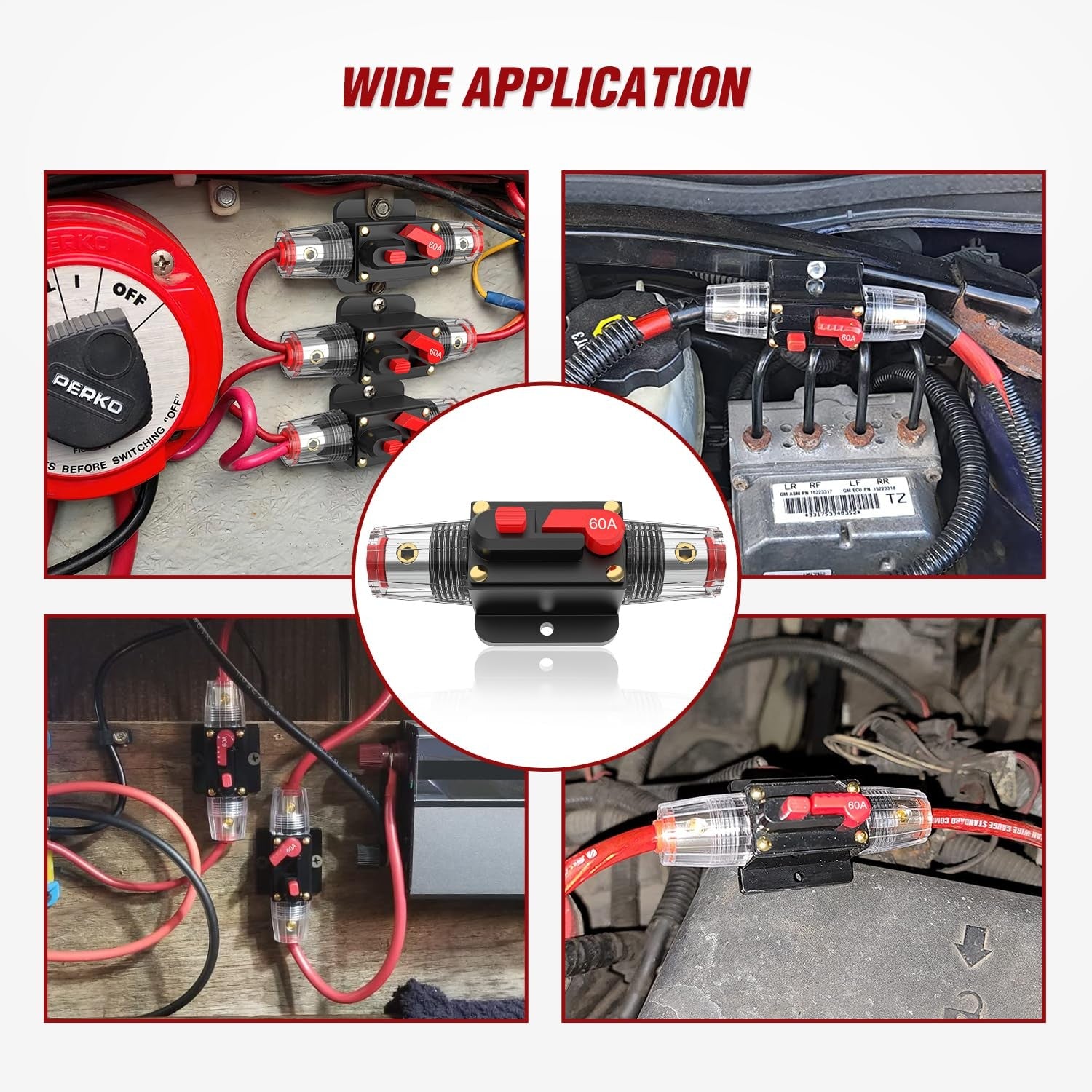 60A Inline Circuit Breaker Resettable 12-24V DC Manual Reset Fuse Holder 3-15AWG