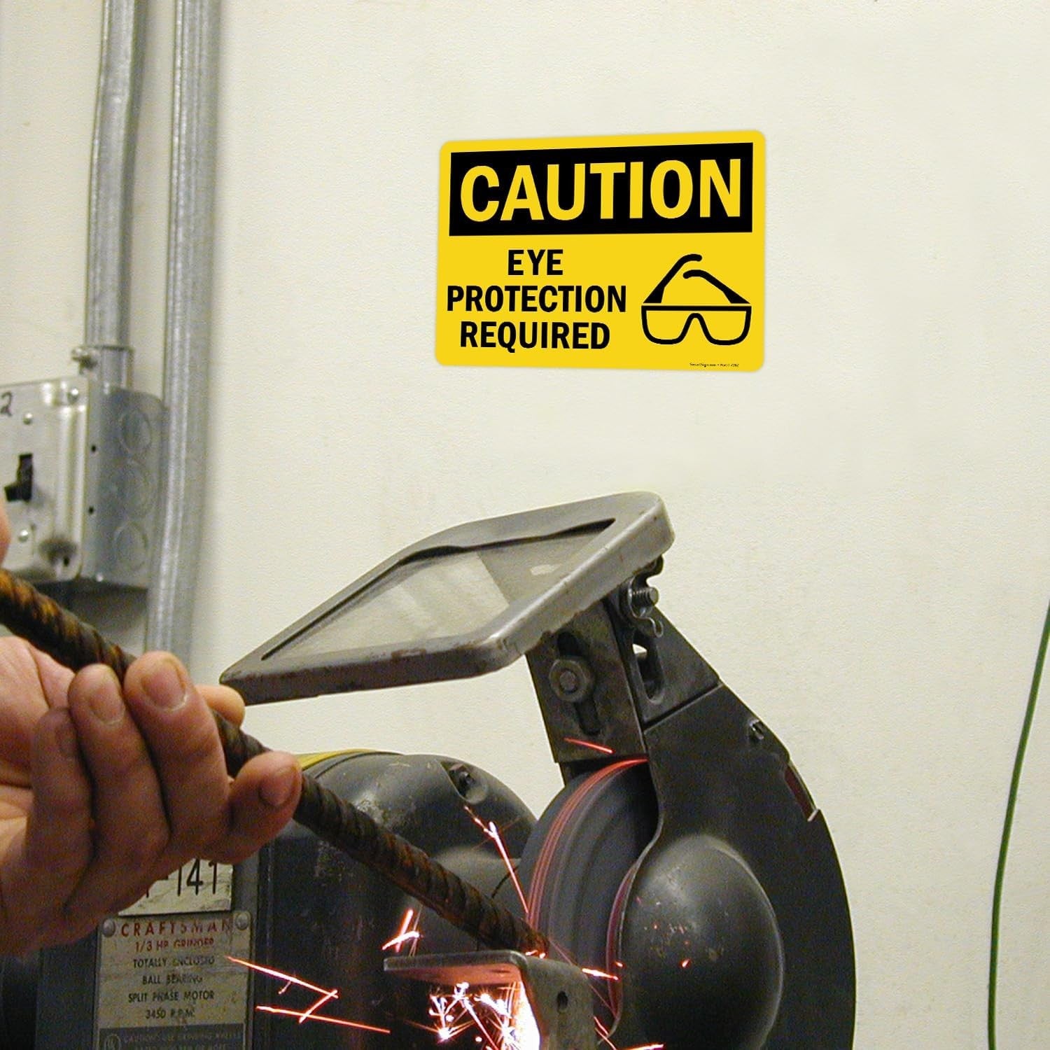 Adhesive Vinyl OSHA Safety Sign, Legend "Caution: Eye Protection Required"
