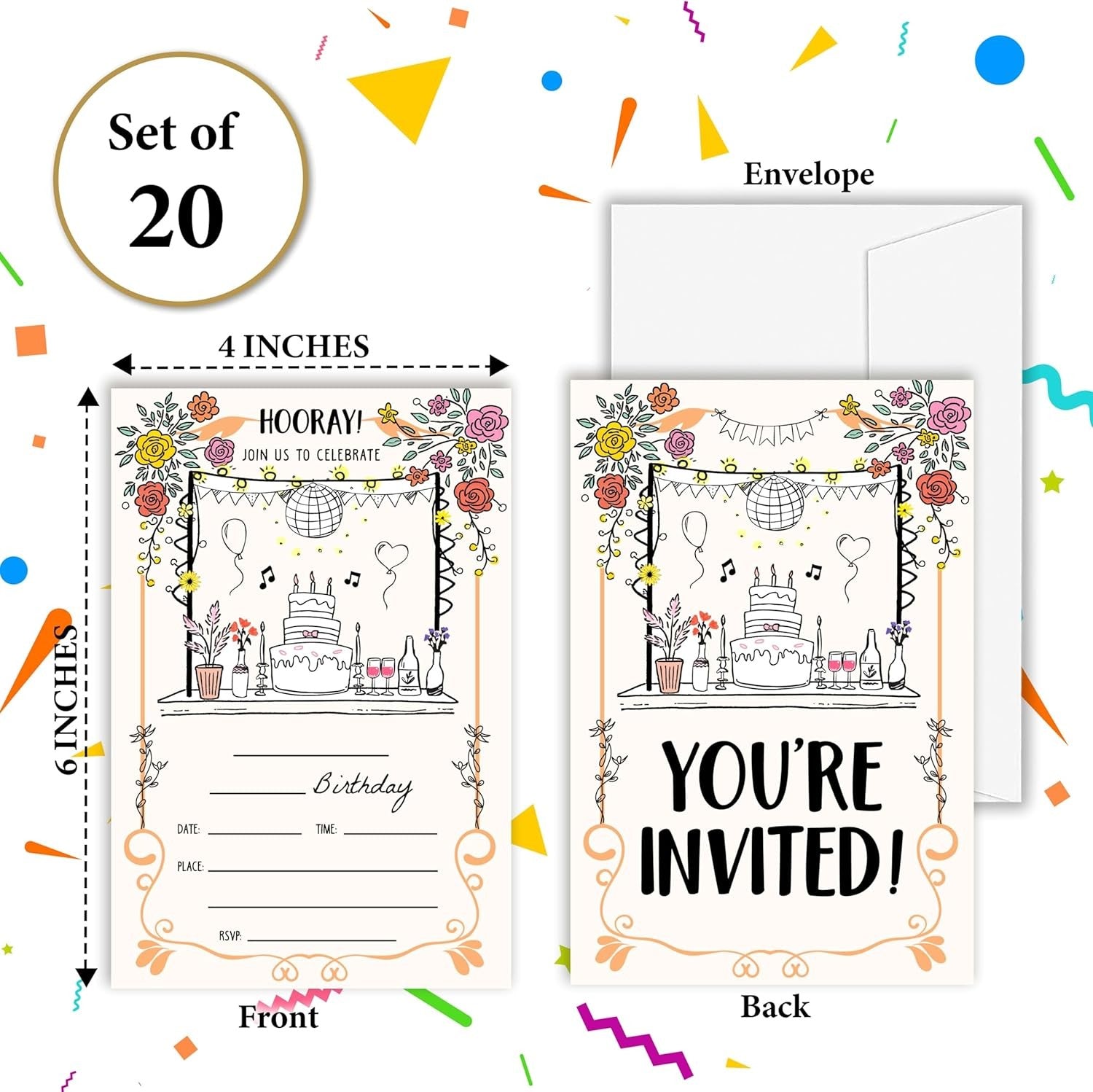 Scribble Birthday Invitations, Set of 20 Bday Invites with Envelopes, Hand Drawn
