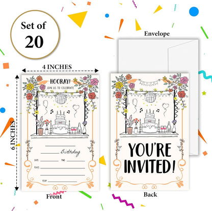 Scribble Birthday Invitations, Set of 20 Bday Invites with Envelopes, Hand Drawn