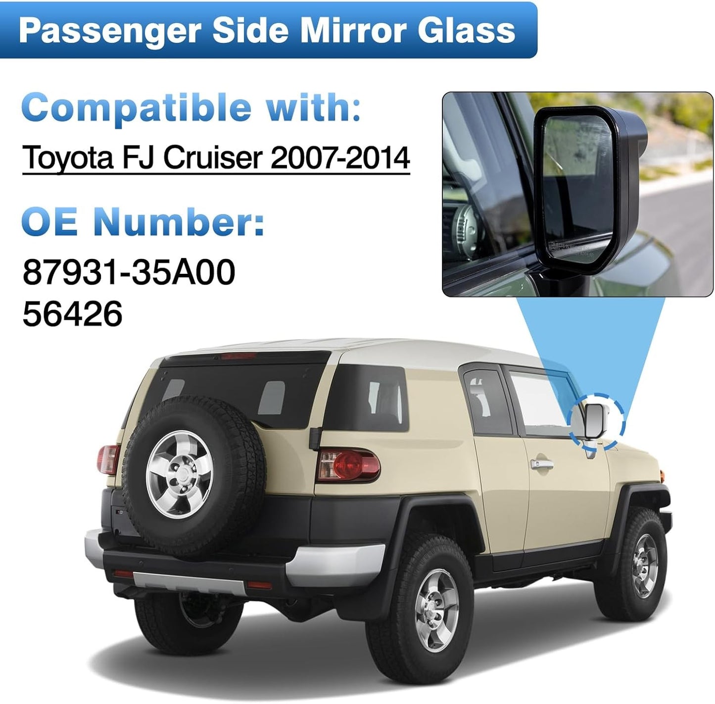 Passenger Side Mirror Glass Replacement For Toyota FJ Cruiser 2007-2014, Right