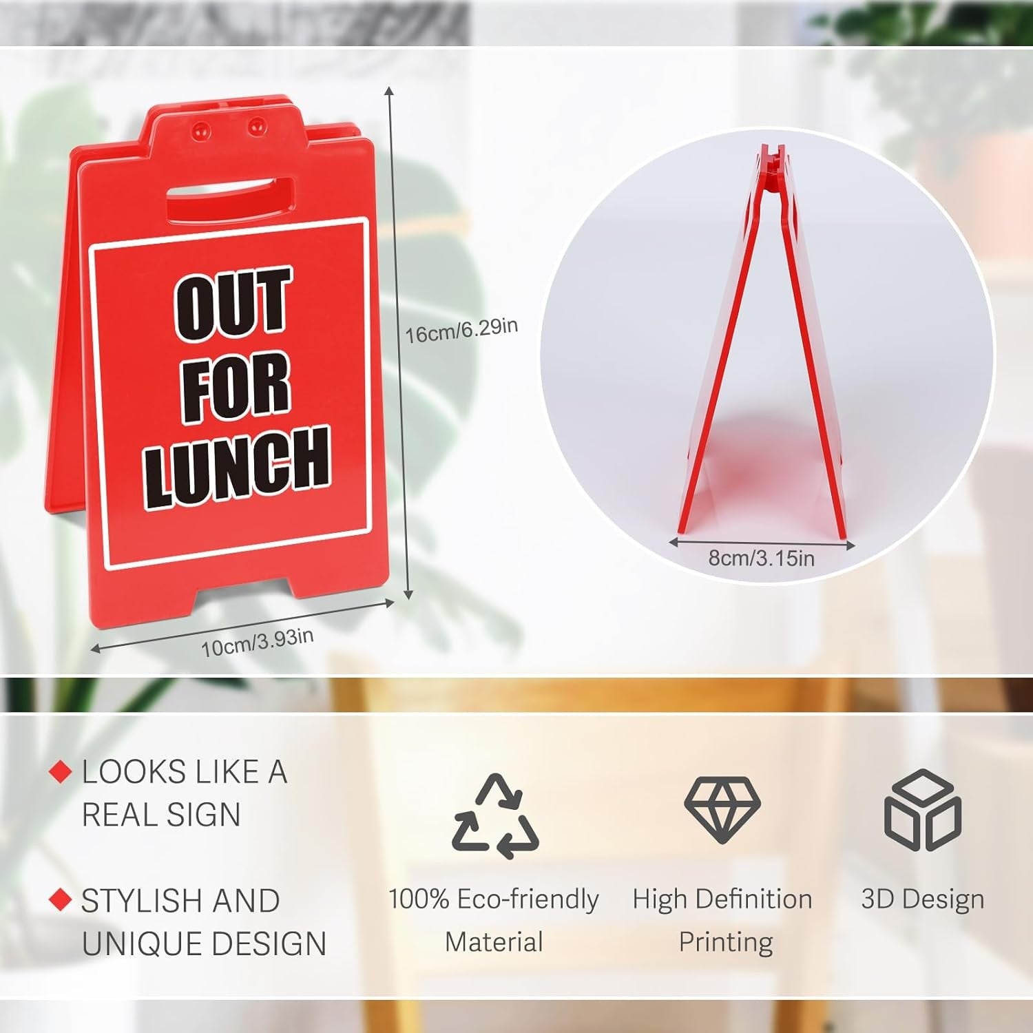 OUT FOR LUNCH Red Sign, Office Desk Accessory & Cubicle Decor, Modern Work Theme