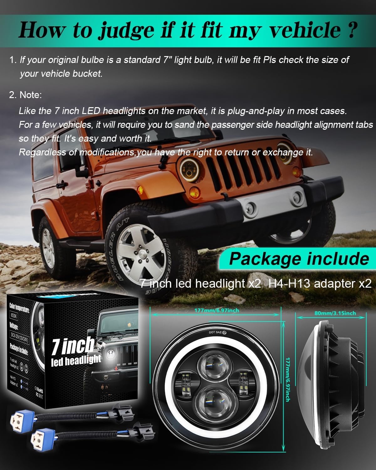 7 inch led Headlight Round 2pc Projector 7 inch Halo led Headlight H6024 DOT