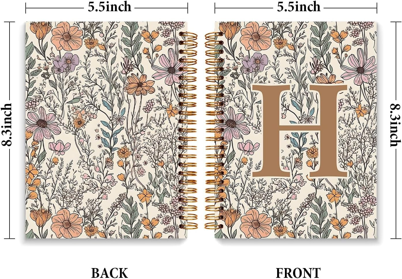 Vintage Boho Floral Personalized Notebook, Initial Letter H Notebook 5.5x8.3