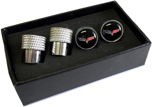 C6 Corvette Crossed Flags Logo Aluminum Valve Stem Caps Knurled