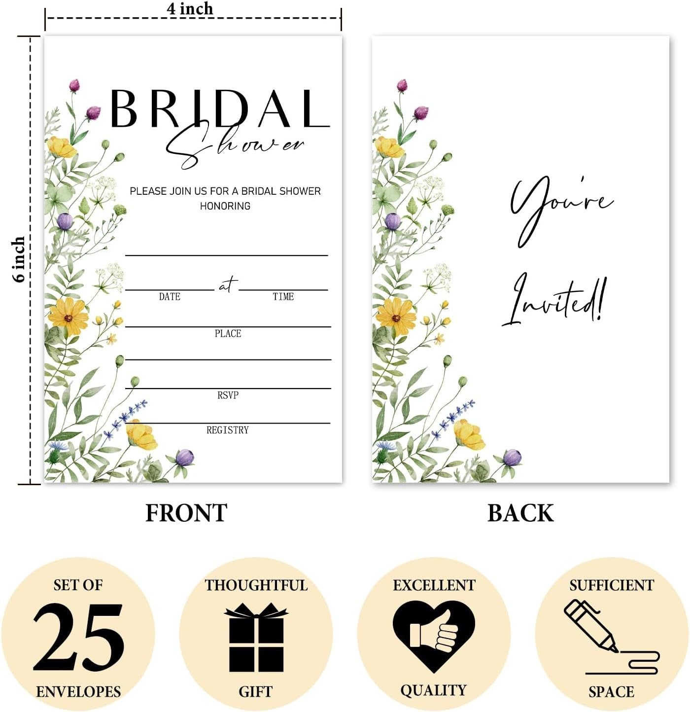 25 Pcs Wedding Invites, Floral Bridal Shower Invitations, Wedding Invitation