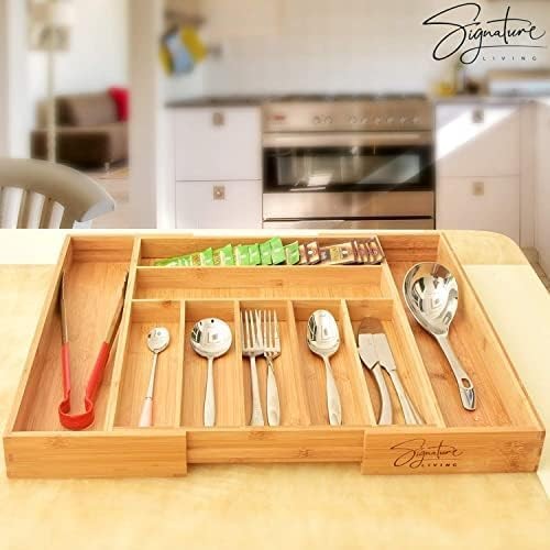 Signature Living Bamboo Expandable Utensil Drawer Organizer, Premium Bamboo