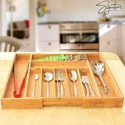 Signature Living Bamboo Expandable Utensil Drawer Organizer, Premium Bamboo